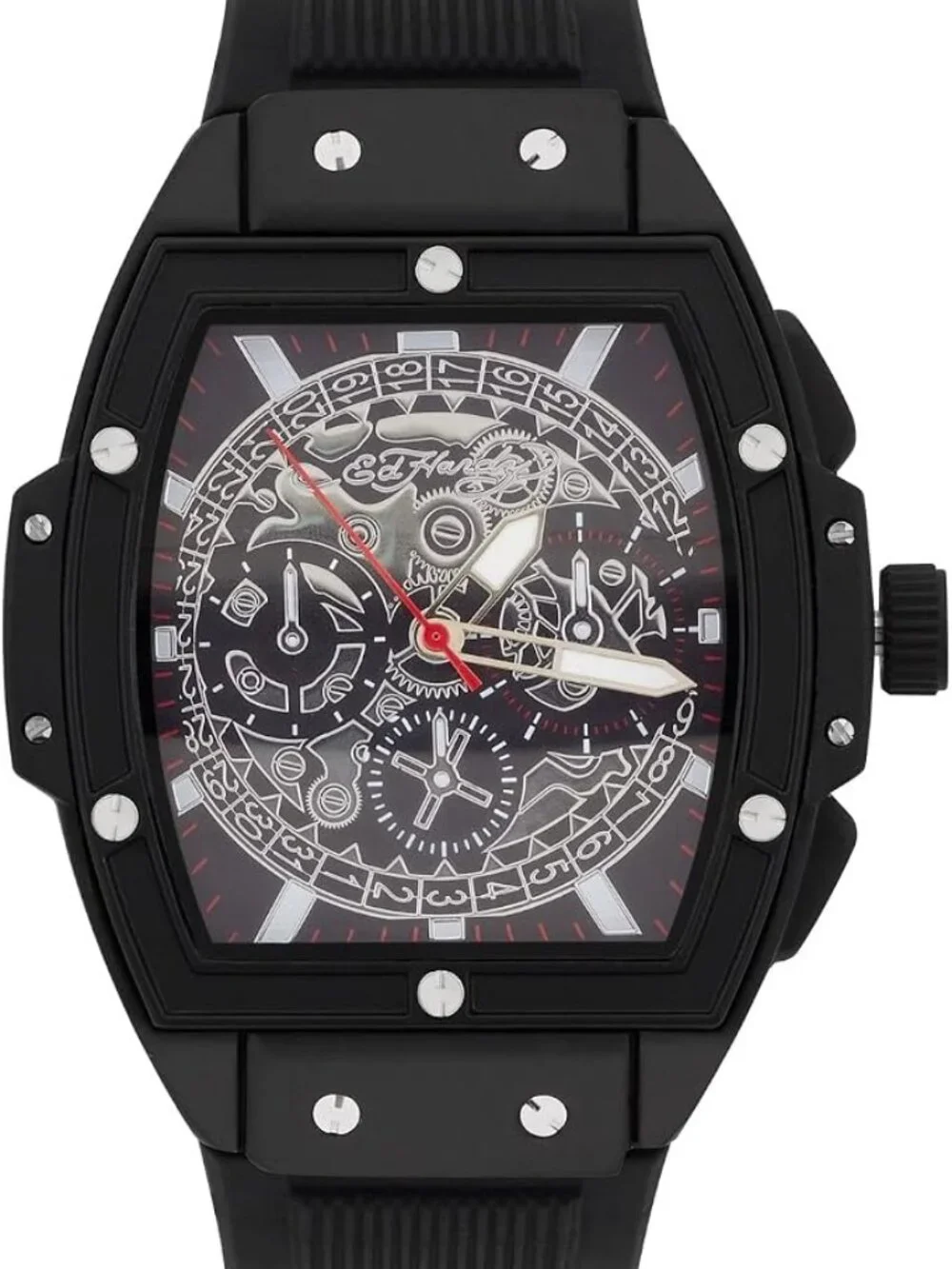 Ed Hardy Men's Oversized Black Watch Exposed Gear Style Dial Silver